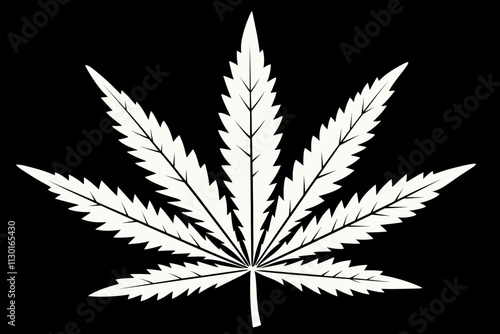 White cannabis leaf silhouette on black background showcasing intricate details of the leaf 