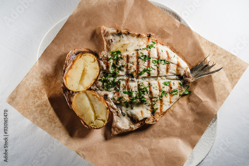 Fotografia sea bream fish fillet seasoned with sauce, mediterranean herbs, served with bake