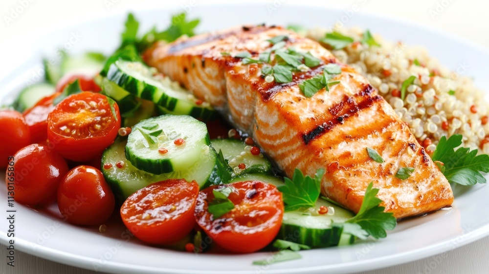 Grilled Salmon with Quinoa Salad and Vegetables Grilled Salmon with Quinoa Salad and Vegetables