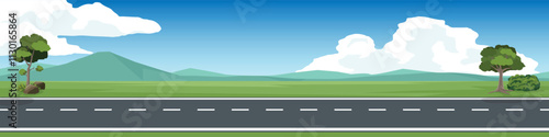 Horizontal or landscape of smooth asphalt road. On the wide grassland. There were grasses and trees growing on both sides. Softe color of mountain and blue sky with white clouds.