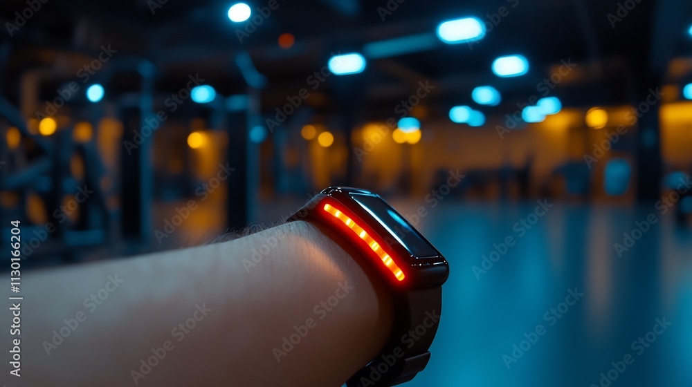 Smartwatch with Red LED Lights in a Modern Gym Smartwatch with Red LED Lights in a Modern Gym