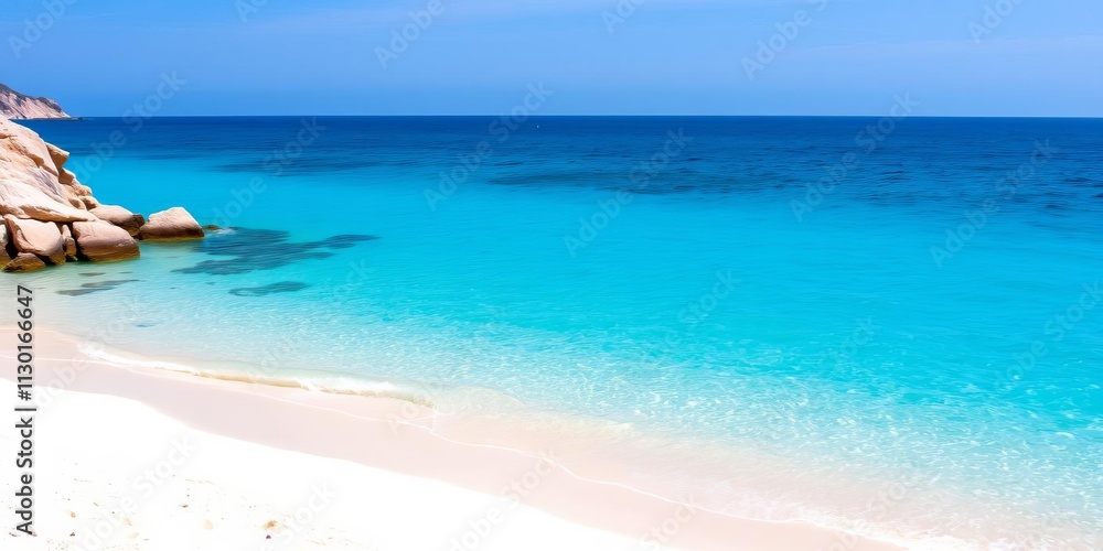 Fototapeta premium Spectacular view of Capo Bianco Beach in Portoferraio, Elba Island, Tuscany, Italy with crystal clear waters and white sand, scenic, italy