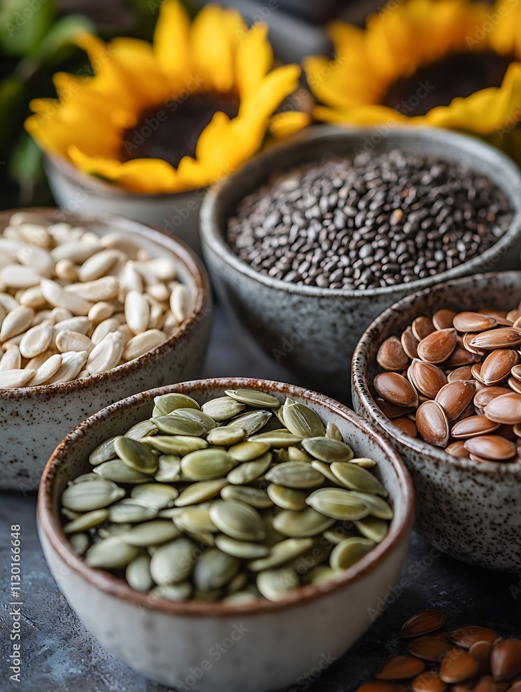 Fototapeta premium Assorted Bowls of Seeds with Sunflowers in the Background.