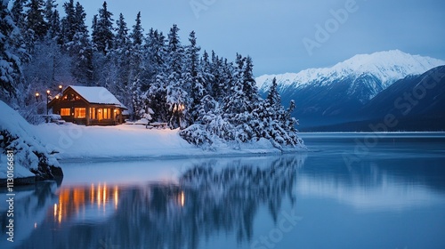 Enchanting Winter Night Landscape in Kluane National Park, Canada with Jade-Colored Lake, Snow-Covered Mountains, Cozy Wooden Huts, Pine Trees, and Reflective Water Surface Illuminated by Streetlights photo