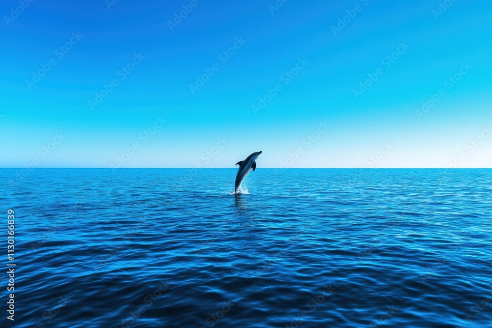 Obraz premium A dolphin leaps gracefully above the tranquil blue sea, showcasing the beauty of marine life against a clear sky.