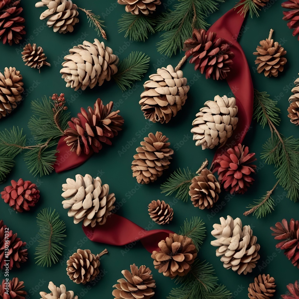 Fototapeta premium a sophisticated winter seamless pattern with elegant pine cones and colorful wool scarves intertwined with branches of evergreen.appealing, seasonal pattern for textiles, wallpapers, stationery etc