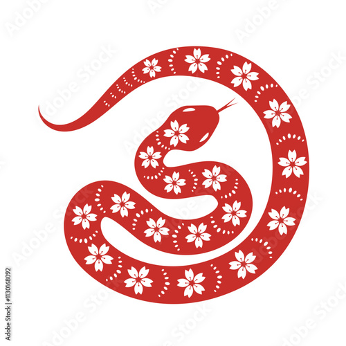 Red twisted snake with floral ornament. Hand drawn vector illustration in asian style.