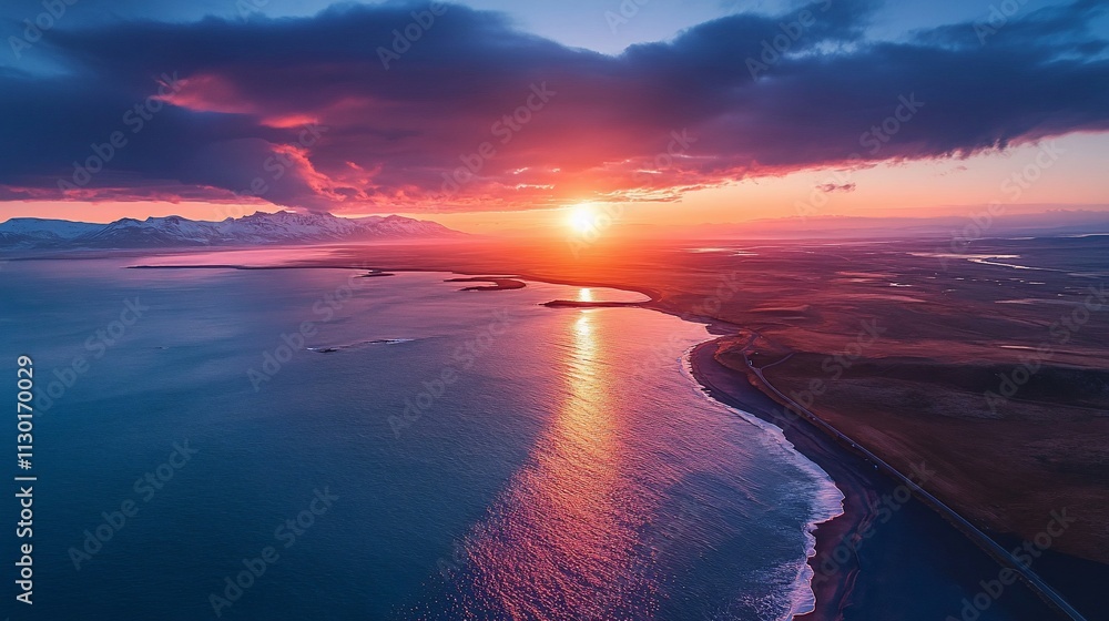 Fototapeta premium Vibrant sunset over ocean coast, mountains in distance.