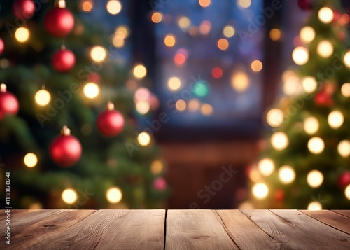 Christmas background with fir tree and lights on empty wooden table.Christmas mock up banner to display, advertise product, promotion sale, presentation.