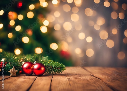 Christmas background with fir tree and lights on empty wooden table.Christmas mock up banner to display, advertise product, promotion sale, presentation.