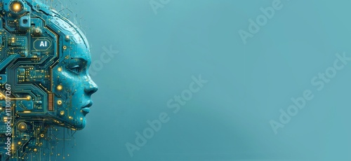 Technological design of human face, concept of integration of human with artificial intelligence. Copy space for text - generative AI