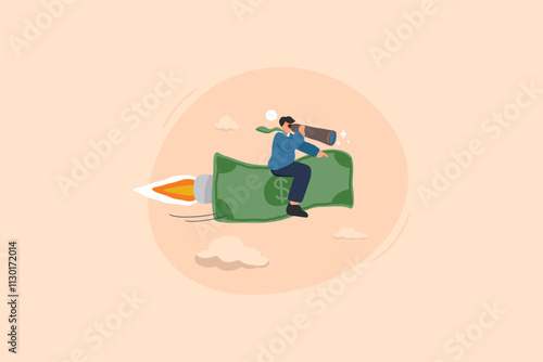 Investment Opportunity and Financial Growth Concept. A Businessman Rides a Flying Banknote Using a Telescope to Foresee Future Profits.