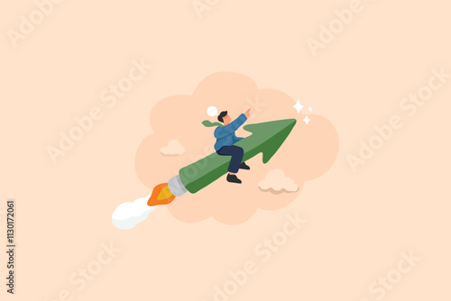 Business Growth and Profit Increase Illustration. A Dynamic Character Celebrates Success with an Upward Arrow.