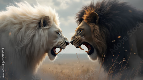 Duality versus concept art Two lions facing each other in attack roar expression White lion versus black lion photo