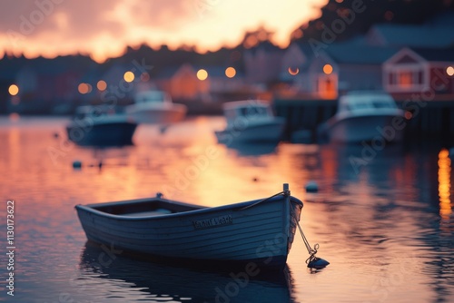 Serene sunset over a quiet harbor with moored boats and a solitary dinghy anchored in calm waters. Generative AI photo