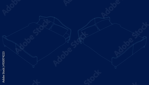 Double bed with bedspread and two pillows in blue isolated on dark background. Concept of bedroom, sleep