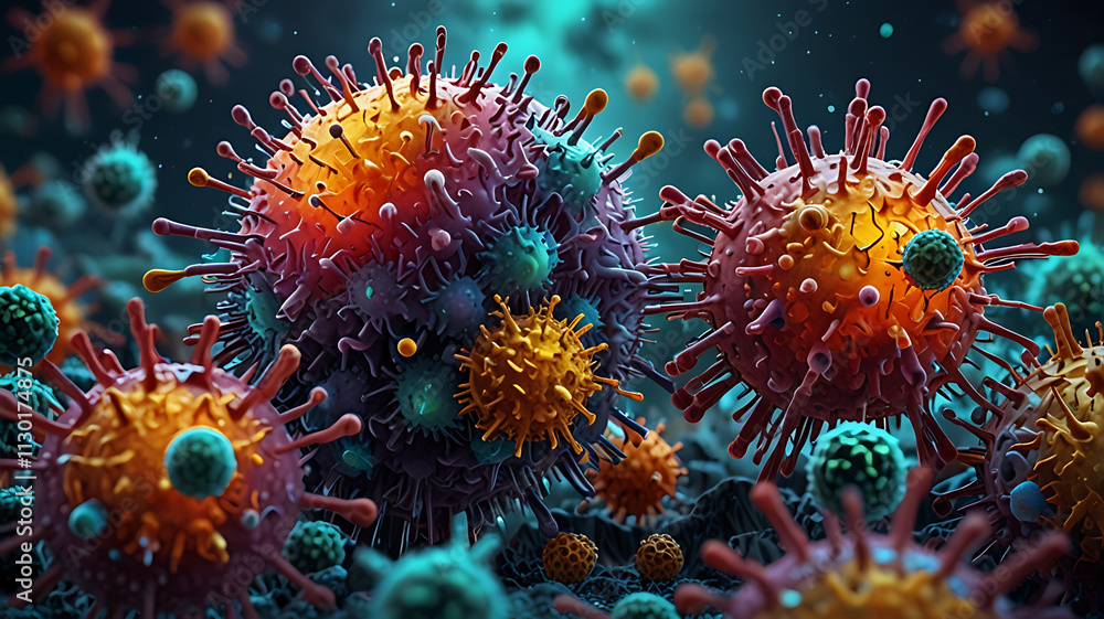 Fototapeta premium Zoomed-in depiction of viruses and germs floating in a biological environment, highlighted by their complex structures and vibrant colors.
