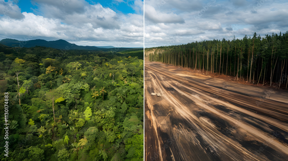 Fototapeta premium split image showing a lush, vibrant rainforest on one side and a barren, deforested landscape on the other, illustrating the impact of logging and deforestation on the planet