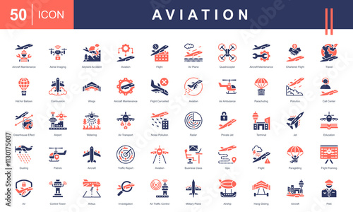  Aviation icon set with aircraft maintenance, aerial Imaging, airplane accident, flight and education.