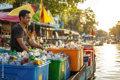 Asian community sorting plastic bottles and cans by the river, with colorful bins and smiles. Copyspace on the right. Soft, morning light. Riverside setup with traditional umbrellas and flags