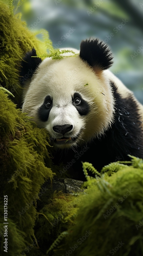 Fototapeta premium close shot of panda head background, wallpaper for mobile, 9:16 ratio. Generative ai.