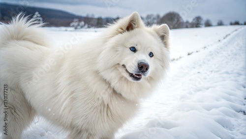 Samoyed Dog in Snowy Landscape photo