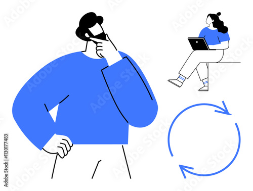 Man thinking deeply with hand on chin, woman working on laptop, circular arrows symbolize process. Ideal for business strategies, innovation, teamwork, project planning, idea sharing, productivity