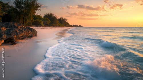 Serene Sunset Beachscape: Golden Hour on Tropical Shore photo