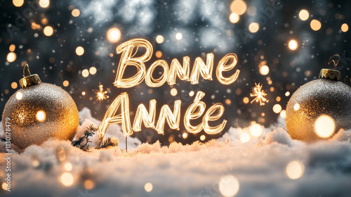 Happy new year background written in French language Bonne Année in yellow gold letters and festive backdrop with snow and bokeh light