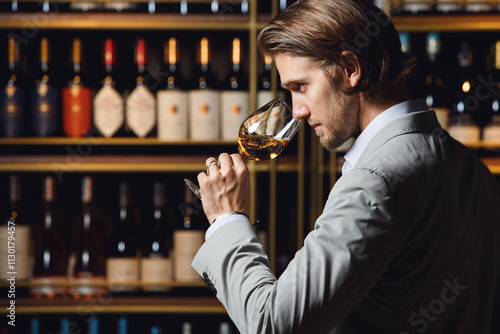 Man appreciating white wine from glass standing in cellar against fulled wooden shelf background with bottles, close up. photo