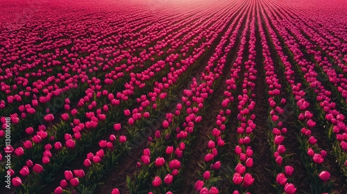 vibrant tulip field in full bloom during spring sunset showcasing rows of colorful flowers and a serene landscape atmosphere photo