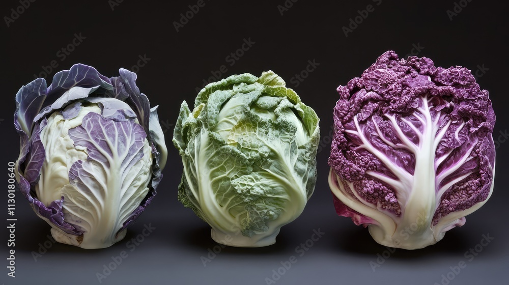 Obraz premium Savoy and red cabbages displayed on dark background showcasing vibrant colors and textures of fresh vegetables in natural lighting