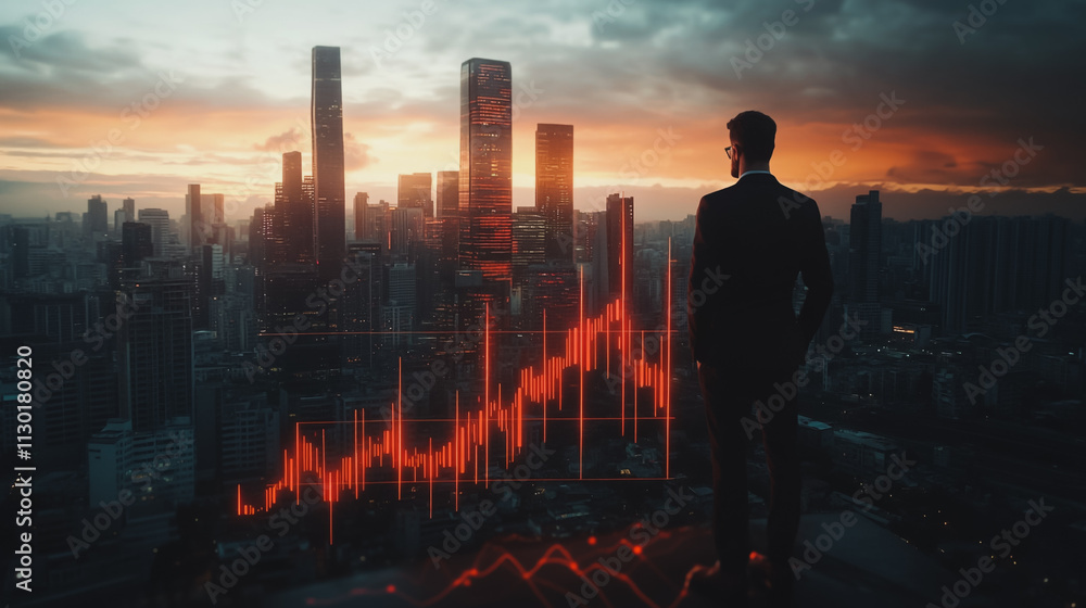 Abstract business man stands on the peak of success amid tall, innovative Smart city and graphs with statistics to analyze business potential and predict future developments in company growth. Abstract business man stands on the peak of success amid tall, innovative Smart city and graphs with statistics to analyze business potential and predict future developments in company growth.