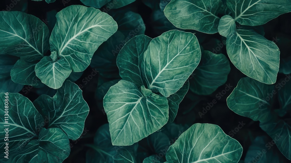 Fototapeta premium Lush Green Cabbage Leaves Growing in a Garden Bed Ready for Harvest