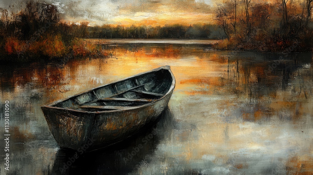 serene sunset over a tranquil river with a weathered boat reflecting in calm waters serene sunset over a tranquil river with a weathered boat reflecting in calm waters