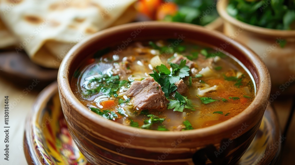 Hearty cabbage wraps with savory meat served alongside a warm bread soup garnished with fresh herbs and vegetables Hearty cabbage wraps with savory meat served alongside a warm bread soup garnished with fresh herbs and vegetables