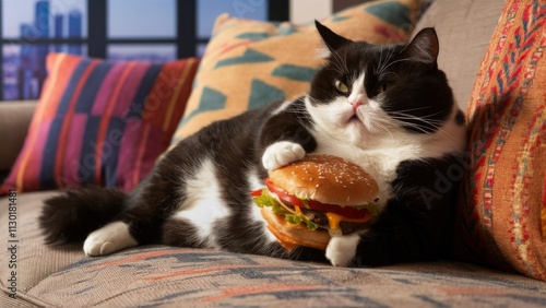 Very Fat Cat Enjoys Burger on Couch photo