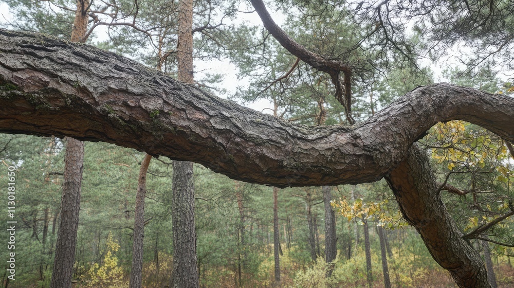 Fototapeta premium Twisted tree branch in a serene forest landscape showcasing textured bark and lush greenery