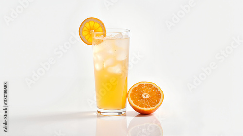 Orange isotonic drink with fresh orange slices on white background photo