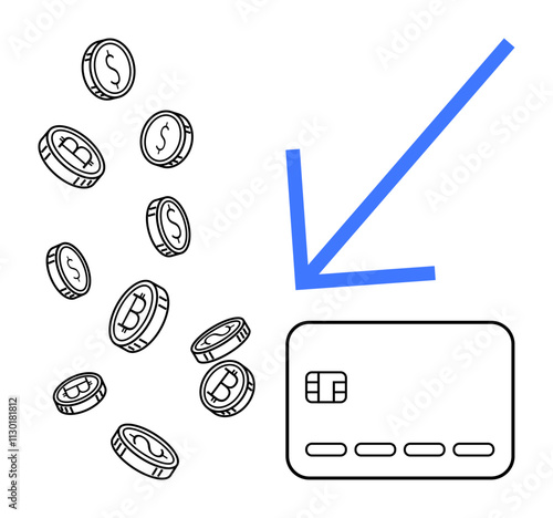 Coins with dollar and bitcoin symbols flowing towards a credit card guided by a blue arrow. Ideal for finance, cryptocurrency, digital payments, e-commerce, banking, investment, and fintech. Line