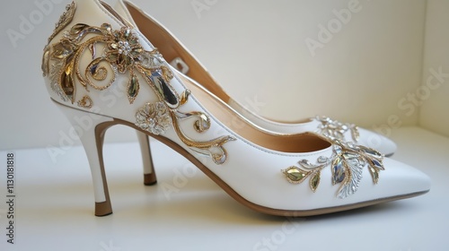 Elegant bridal shoes with intricate gold detailing and a sleek heel perfect for weddings and special occasions. photo