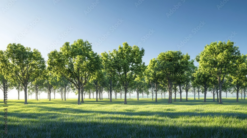 Obraz premium lush green trees with vibrant foliage in a serene park landscape under a clear blue sky during daylight hours