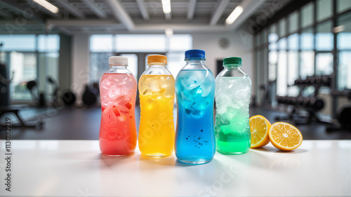 Assorted isotonic drink bottles in a gym setting photo