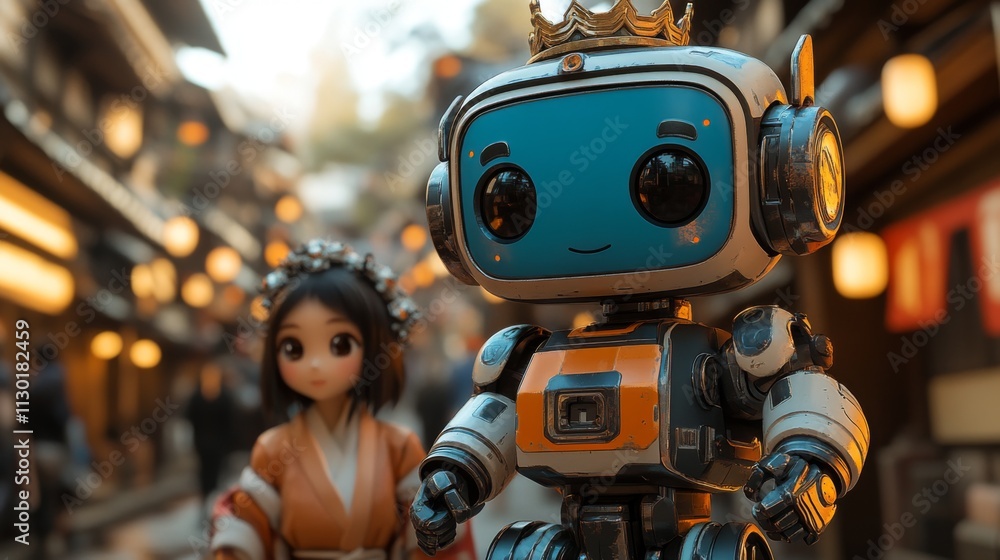 Robot and a young girl interacting in a bustling urban market Robot and a young girl interacting in a bustling urban market