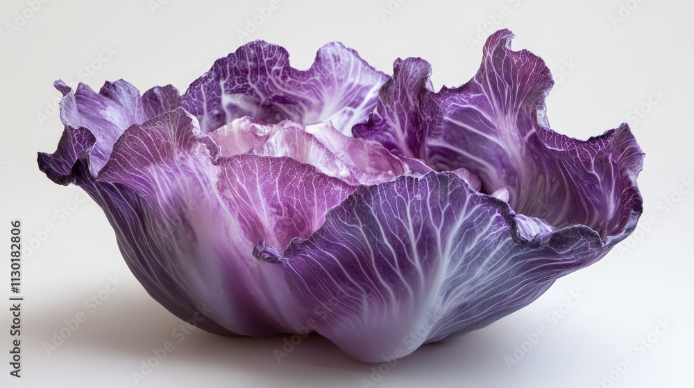 Obraz premium Vibrant purple cabbage with intricate leaf details displayed against a clean white background showcasing its natural beauty and texture