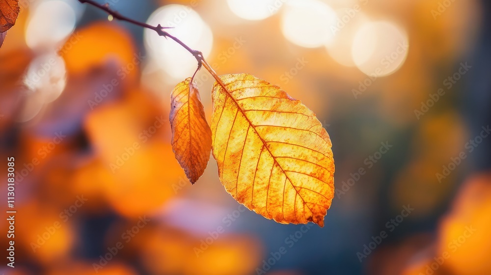 Obraz premium Golden Autumn Leaves Glowing in Soft Light Capture the Transition of Seasons with Vibrant Colors and Natural Beauty