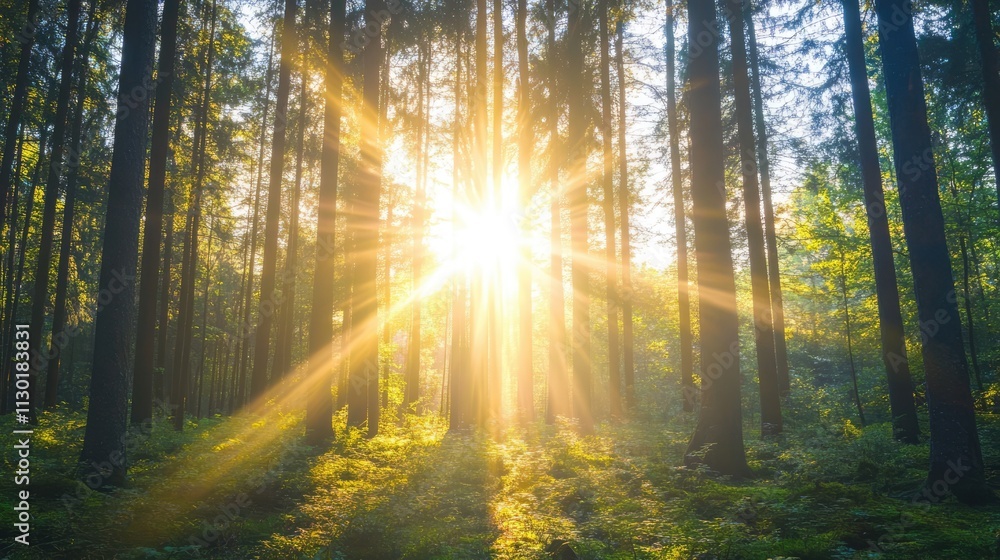 Obraz premium Sunlight filtering through a blurred forest creating an abstract background with trees and vibrant golden rays illuminating the lush greenery.