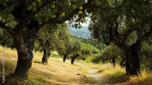 Tranquil pathway through olive trees in Vilafames Castellon surrounded by natural beauty and serene landscape. photo