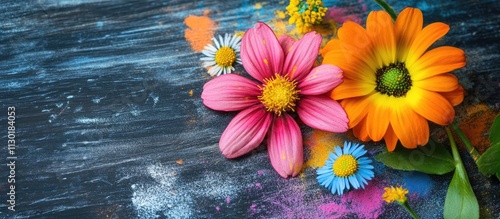 Vibrant chalk art with colorful flowers on a textured blackboard background celebrating creativity and nature's beauty. photo