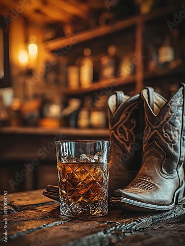 Whiskey Glass with Ice on Rustic Wooden Table next to Cowboy Boots.